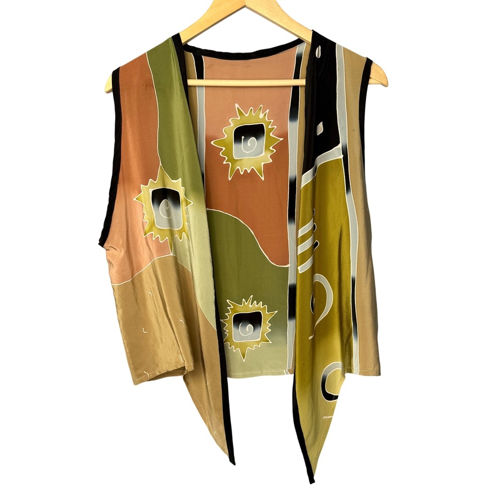 SHEKINA Silk Vest Womens S Multicolor Abstract Sun Print Open Front Boho Art